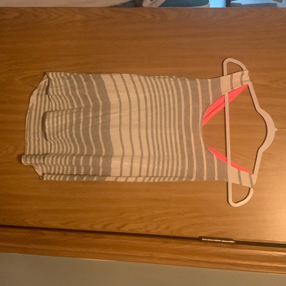 Grey and white striped tank top with hot pink bow back
